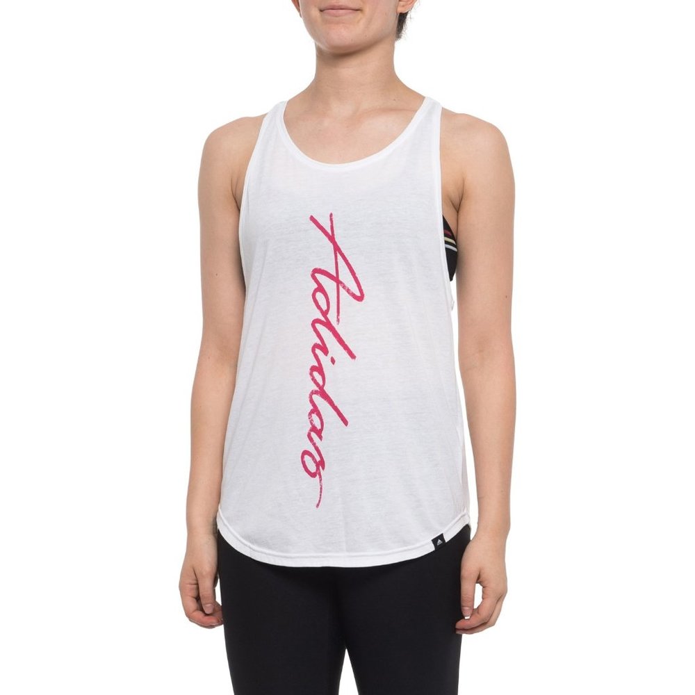 Adidas White Workout Tank Top Loose Fit Pink Logo Size M